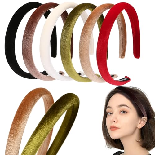 NARUNING 6Pcs Velvet Headbands Womens Hair Head Bands Padded Headbands 1.7cm Solid Color Hairband Fashion Headwear Girls Women Hair Accessories (6-PACK A One Size)