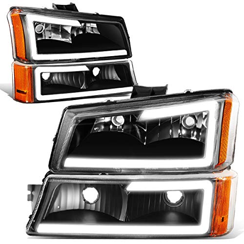 DNA Motoring HL-LB-CSIL03-BK-AM Black Amber 3D LED DRL Headlight Bumper Lamp Set Replacement For 03-07 Silverado