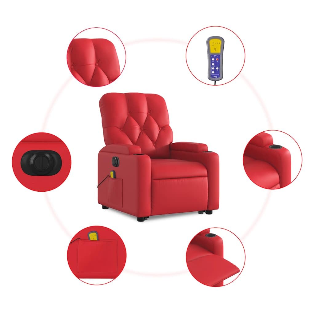 Sillón elevador reclinable eléctrico rojo de piel sintética con masaje por vibración y función de elevación automática para asiento cómodo y relajación total Este título