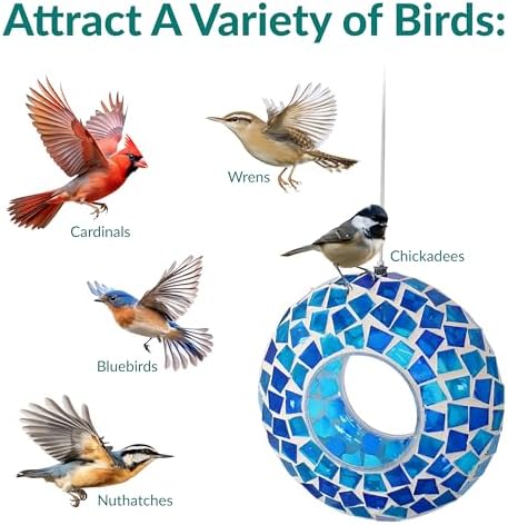 Sunnydaze 6-Inch Glass Mosaic Hanging Bird Feeder for Outdoors - Fly-Through Glass Bird Feeder for Cardinals, Jays, Finches and More - Blue Mosaic - 4