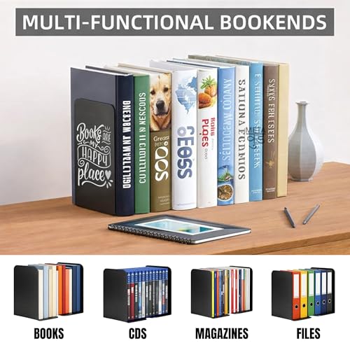 Image of 2 Heavy Duty Metal Bookends for Books | File, CD, Book Holder, & Durable Book Stand for Home, Office, School & Study Table Heavy Duty bookends (Set of 2) (Books are My Happy Place)