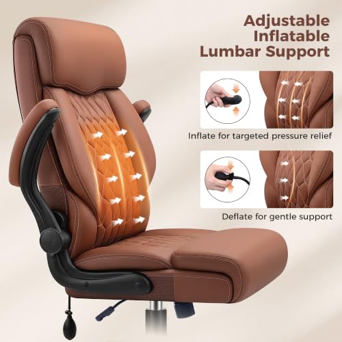 Image of Ergonomic Office Chair with Lumbar Support, Brown | Executive Leather Computer Desk Chair with Flip Up Arm & Rocking Function, High Back Comfortable Gaming Chair for Home Office