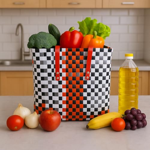 Image of Hand Made Multipurpose Plastic Basket with Lid | Eco-Friendly, Washable, Rust-Free Storage Basket for Kitchen, Picnic, Toys, Travel, Office | Lightweight basket (Red with Light blue, L)