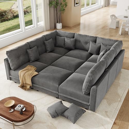 Image of LLappuil 137 inch Modular Sectional Sofa with Storage, U Shaped 9-Seat Pet-Friendly Corduroy Couch with 9 Throw Pillows, Convertible Sofa Set for Living Room, Scratch Resistant, Grey
