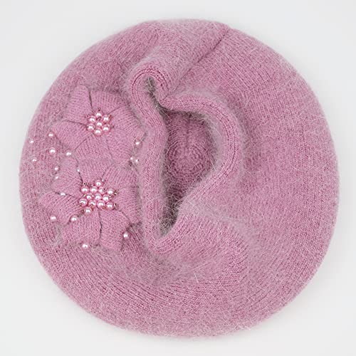 Aichuan Women Winter Knit Beret Hat Rabbit Hair French Style Beret Classic Warm Casual Beanie Hat Pink #TOP3