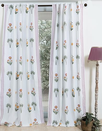 Image of Tranquebar Curtain Co. Cotton Curtains 8 Feet Long, 60-65% Room Darkening, Pink Ethnic Curtains Palms Print, 8 Feet Curtains, 8 Feet Curtains, BackTabs, Bagh (244 cm) - Set of 2