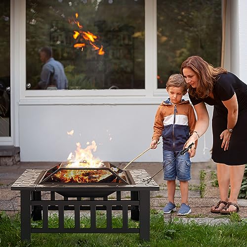 Rankok 32’’ Multifunctional Outdoor Fire Pit Table with Spark Screen, Fire Grate and Poker Metal Square Fireplace for Outdoor Heating, Backyard BBQ, Camping and Garden Bonfire Party - Thumbnail 4