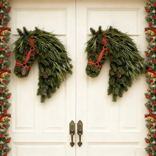 2026 New Horse Head Wreath – Rustic Farmhouse Equestrian Door Decor, Handmade Horse Head Christmas Wreath, Artificial Green Faux Plant Decor with Red Ribbon for Farmhouse, Porch Decoration (2Pcs)