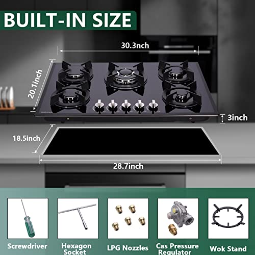 30 Inch Gas Cooktop, Built-in Tempered Glass 5 Burners Gas Stovetop LPG/NG Convertible Gas Stove Top Dual Fuel Gas Hob DM517-01