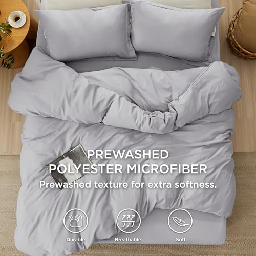Image of Bedsure Duvet Cover King Size with Fitted Sheet - 4 Pieces Prewashed Cotton-Like Polyester Extra Soft Bedding Set, Includes 1 Duvet Cover 104x90 Inches, 2 Pillow Shams, 1 Fitted Sheet, Light Grey