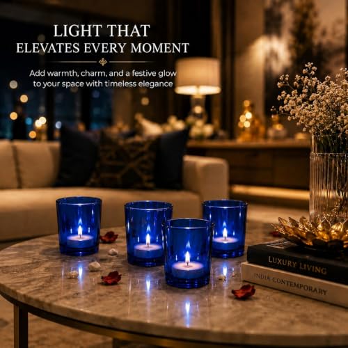 Image of Pure Source India Set of 12 Glass Votive Tealight Candle Holders - Home Decoration (Glass, Pack of 12, Blue)