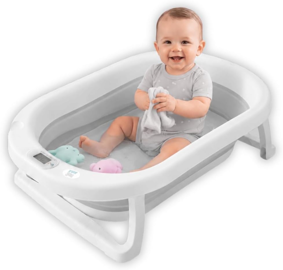 Banheira Bebê Dobrável com Termômetro Digital, Design Compacto em Silicone, Portátil Compacta para Banho e Válvula de Escoamento, Capacidade 30 Litros (Cinza)