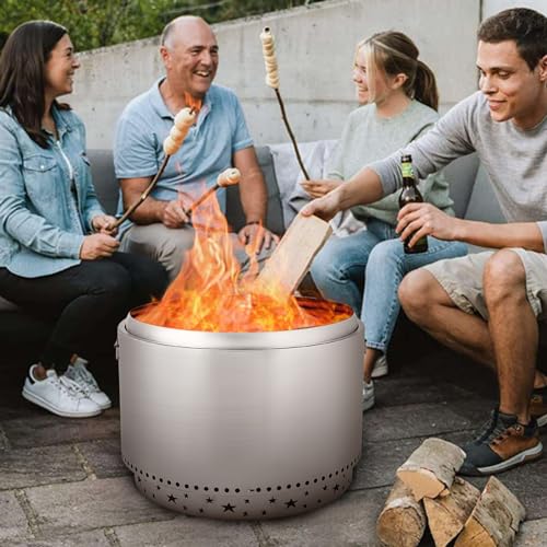 27" Smokeless Fire Pit with Air Switch, Wood Burning Portable Stainless Steel Outdoor Firepit with Fixed Stand & Stove Hook, Ash Pan, for Camping Backyard Patio Picnic, H: 20 in, 33 lbs