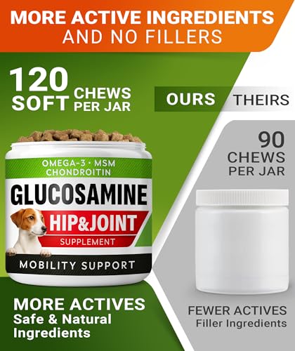 Glucosamine Treats for Dogs - Joint Supplement w/Omega-3 Fish Oil - Chondroitin, MSM - Advanced Mobility Chews - Joint Pain Relief - Hip & Joint Care - Chicken Flavor - 120 Ct - Made in USA