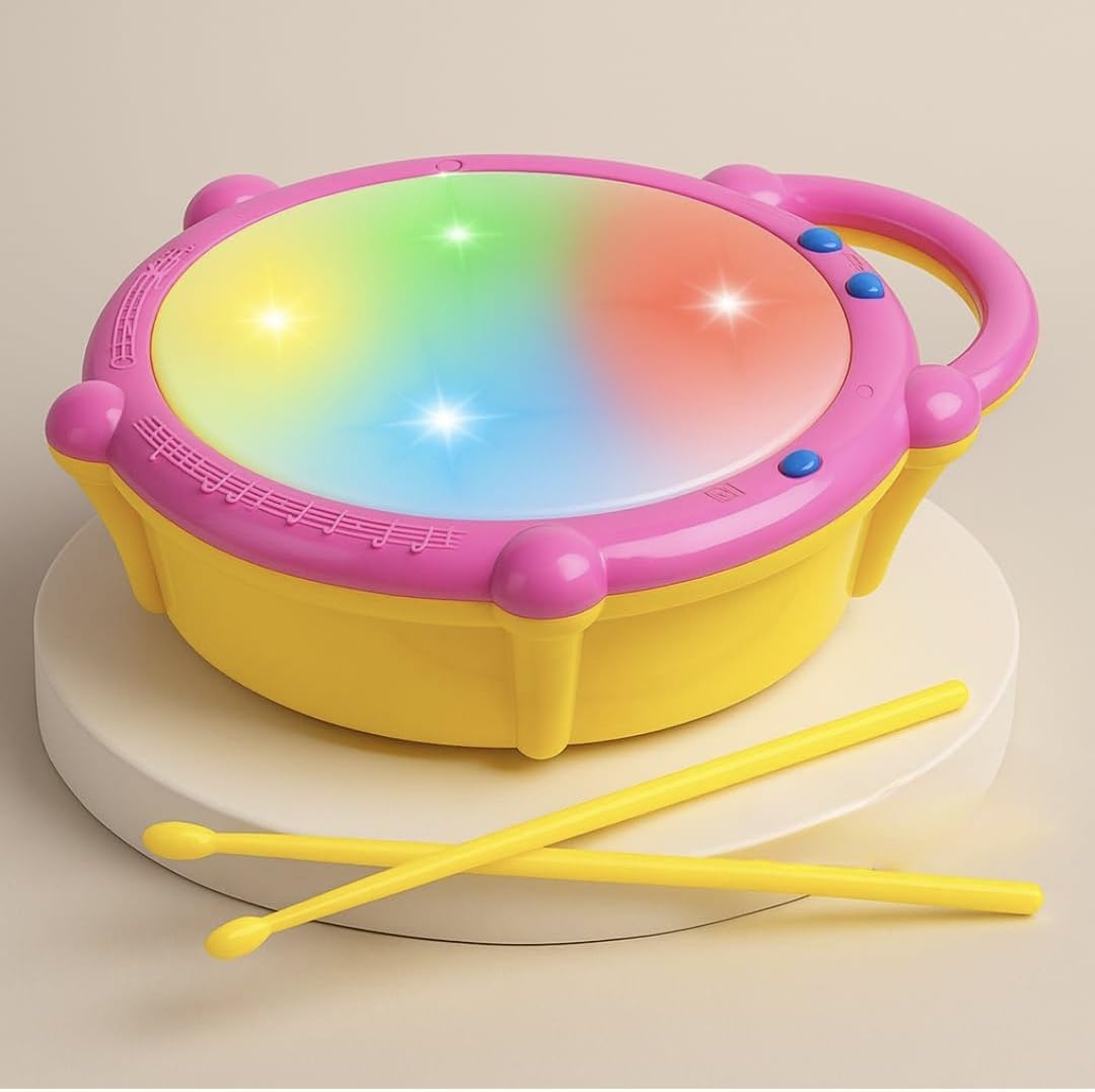 Flash Drum Toy with 3D Lights & Sounds | Dynamic Musical Instrument Toy for Kids | Flash Drum Toy for Gifts | Yellow Pink | 3xAA Battery (Not Included)-image-48