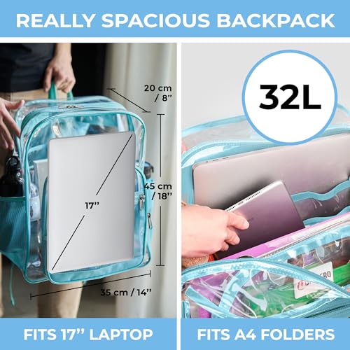 Image of Clear Backpack Heavy Duty XL - H18''xW14''xD8. Has TSA Lock - Turquoise | PVC Transparent Backpack Has 2-WAY Premium Zipper and Key Holder. Extra Large
