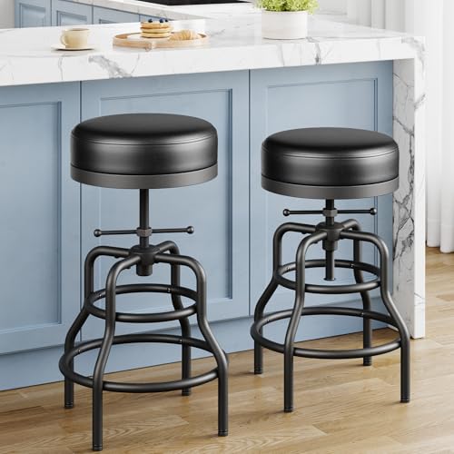 Raynesys Adjustable Height Swivel Bar Stools Set of 2, 22-29 Inch Industrial Vintage Bar Counter Height Stools with Thicken Premium Bonded Leather Seats & Updated Footrests, Easy Assembly, Black