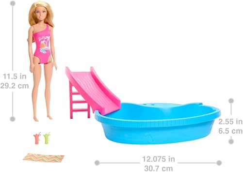 Barbie Doll and Pool Playset, Blonde in Tropical Pink One-Piece Swimsuit with Pool, Slide, Towel and Drink Accessories