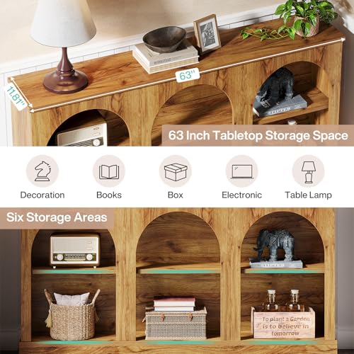 Image of Tribesigns Farmhouse Console Table, 63-Inch Long 3-Tier Entryway Table with Storage, Wooden Rectangular Sofa Table Behind The Couch for Entrance, Hallway, Living Room, Natural Wood