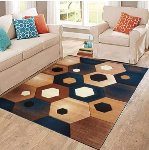 Image of Premium Soft Thick Geometric Rug - 5 x 7 Feet (150 x 200 Cm) Blue J - Anti-Skid, Washable, Acrylic for Living Room, Bedroom & Home Decor