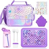 JYPS Mermaid Bento Box for Kids with Insulated Lunch Bag, Lunch box Set with kids water bottle,Sauce Container,Ice Pack,Utensils,Perfect Lunch Container for Girls and Toddlers Back to School Age 7-15