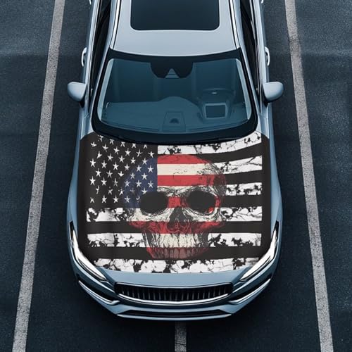 Image of Sunset American Flag Skull Washed Car Hood Cover for Leaves for Auto Car Truck, Van, SUV, Pickup