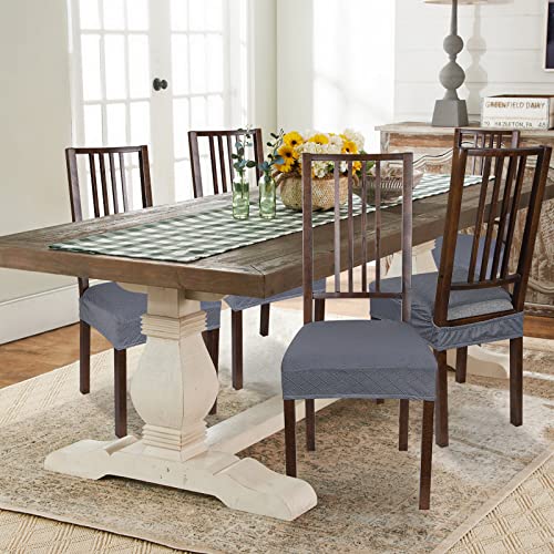Searchi Waterproof Dining Chair Seat Covers Set Of 4, Stretch Soft Washable Jacquard Seat Covers For Dining Chairs, Dining Room Seat Cover Protector (No Rear, Deep Grey Check) #TOP1