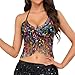 Women's Sequin Tassel Camisole Crop Top Tie Dye Sparkly Fringe Tank Top Belly Dance Rave Festival Vest