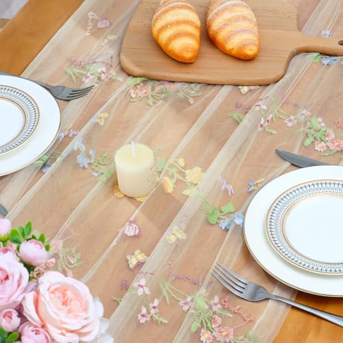 LOMOHOO Table Runner Beige 71x305cm Wedding Table Decoration with Embroidery and Tulle, Cheesecloth Table Runners Lace Tablecloth Sheer Embroidery Gauze for Bridal Shower Birthday Party Dining Table - Image 4