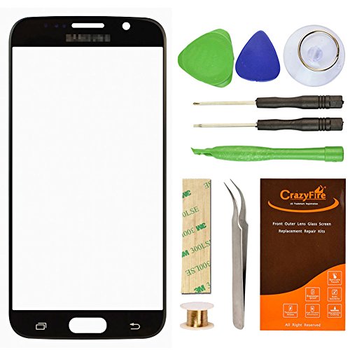 Samsung Galaxy S6 Black Replacement Front Outer Lens Glass Screen CrazyFire Repair Kit With 1MM Adhesive Tape +Tools Kit+ 1 Pair Tweezers+1 Roll Micro Wire For G920A G920P G920T G920V G920R4 G920F