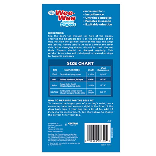 Image of Four Paws Wee-Wee Super Absorbent Disposable Adjustable Dog Potty Training Diapers, Leak-Proof Protection for Dogs, 12 inch - 15 inch Waist, Size Small, 36 Count (Pack of 8)