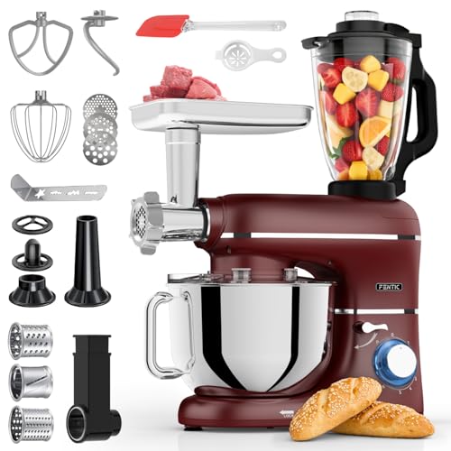 Fentic 6 en 1 Robot Pâtissier – 2000W - Av. Hachoir à Viande, Mixeur 1,5L, Cutter, Accessoires – Robot Cuisine Multifonctions Av. 6,2L Bol Mélangeur,...