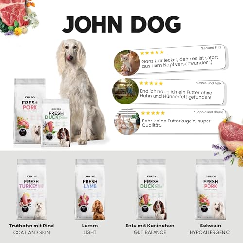 JOHN DOG Premium Trockenfutter für Hunde Fresh - Hundefutter trocken getreidefrei mit 80% Fleischanteil - Hundetrockenfutter mit Lamm - aus natürlichen Zutaten - für ausgewachsene Hunde 3kg