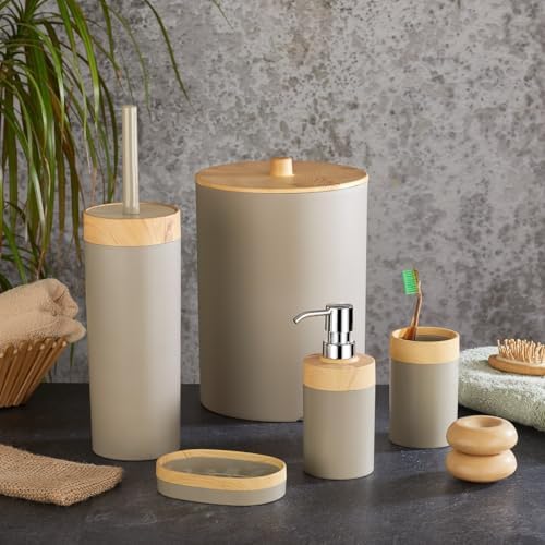 Deconox 5 Parça Lüx Bambu Görünümlü Banyo Seti | 10 Litre Çöp Kovası ve Antibakteriyel Tuvalet Fırçası (KREM)
