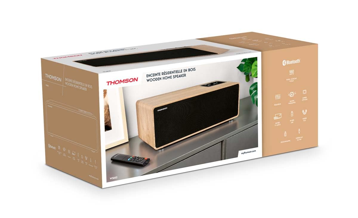 THOMSON Cosy Enceinte 150W Stéréo, Bluetooth 5.3, Lecture USB, Télécommande, recommandé pour Barre de Son TV Home Cinema, Smartphone, Platine Vinyle, PC et Console Jeu Video. en Bois – WS852