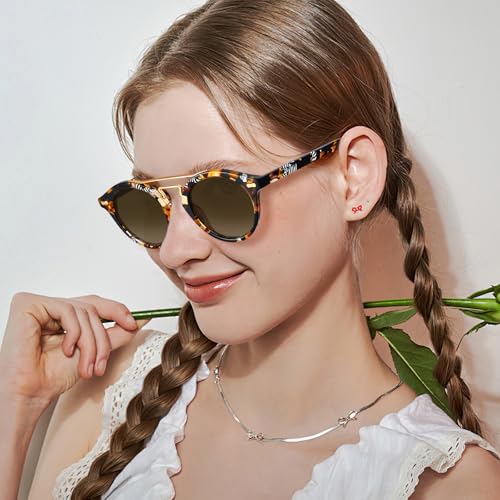 CARFIA Small Face Acetate Double Bridge Sunglasses for Women Polarized UV Protection, Retro Metal Brow Eyewears Round Sunnies3