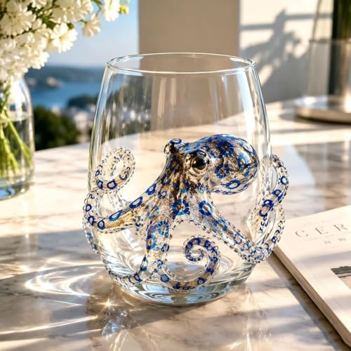 Collezione di bicchieri artigianali Ocean Animal, bicchiere da vino 3D a forma di polpo, bicchieri artigianali con polpo dagli anelli blu, bicchiere da bar con animali marini fatto a mano, decorazione