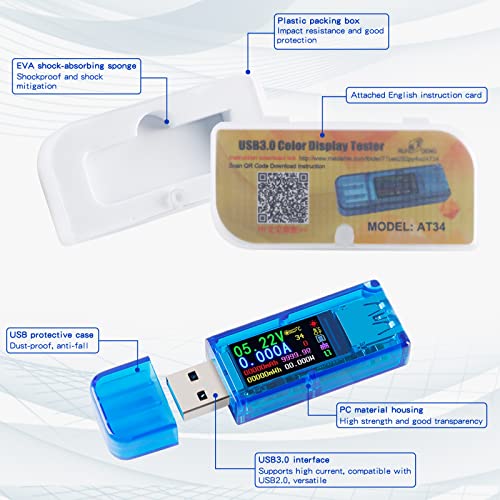 Image of AT34 Battery Tester USB 3.0 Voltage Tester IPS Color Display 3.7-30V Voltage Meter 0-4A AMP Meter Multifunctional Multimeter Support Charging Power Test for Multiple Devices with Shell