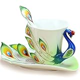 vanki 1 pc Collectable Fine Arts China Porcelain Tea Cup and Saucer Coffee Cup Peacock Theme Romantic Creative Present,Green