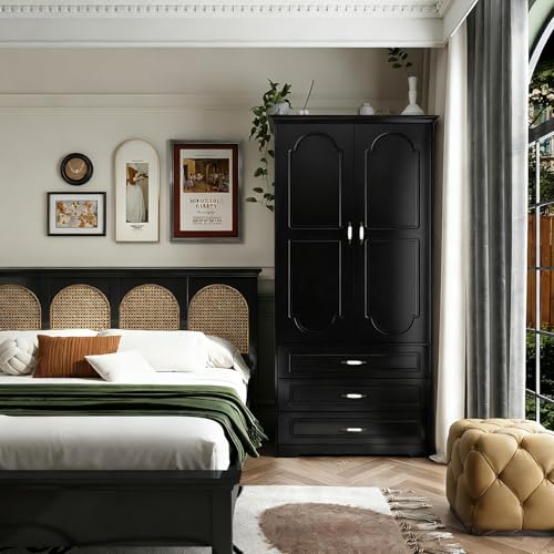 FJTJBSI 72" Wooden Armoire Wardrobe Closet with LED Bedroom Armoire with 3 Drawers and Retro Ceramic Handles Modern Wardrobe Cabinet with Removable Hanging Rod Black - Image 2