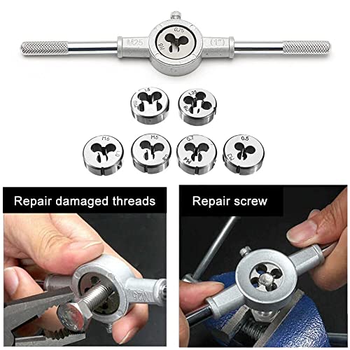 Image of 8Pc Metric Die Set with Adjustable Holder - M3 to M12 Hand Thread Cutter Tools for Bolt & Rod Repair, Manual Threading Kit for Metalwork, DIY & Mechanical Use