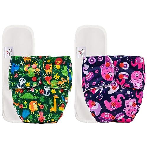 Image of Mylo Leak Proof Baby Cloth Diaper Combo (2 Diaper & 2 Inserts) for 3 Months to 3 Years Babies | Oeko Tex Certified Washable & Reusable Baby Cloth Diaper | Free Size - Jungle and Purple Love