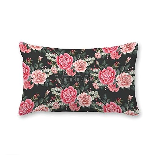 happygoluck1y Rosa ros blommig svart bakgrund rektangulära kuddöverdrag 30 x 50 vita grottor örngott dekorativt kuddöverdrag för soffa soffa utomhus
