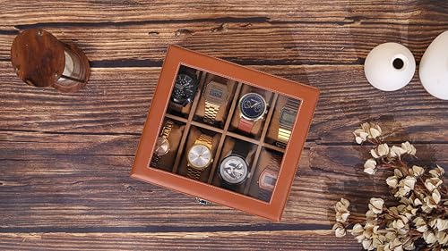 Image of Leather World Faux Leather Watch Box Organizer For Men & Women - Wrist Watch Box Holder 8 Slots - Removable Pillows Display Case - Gift for Loved Ones - Tan