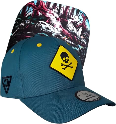 Photo de Capiche [99+ Variantes] Casquette de Baseball Bleu Sarcelle – MayDay avec Logo tête Mort Jaune Chapeau Snapback à Bord incurvé, Graphique Unique sous Le Bord, Ajustement réglable