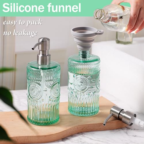 Image of 2 Packs 17 Oz Green Hand Soap Dispenser- Refillable Glass Soap Dispenser with Stainless Steel Pump for Kitchen and Bathroom - Elegant Floral Design for Bathroom Accessories