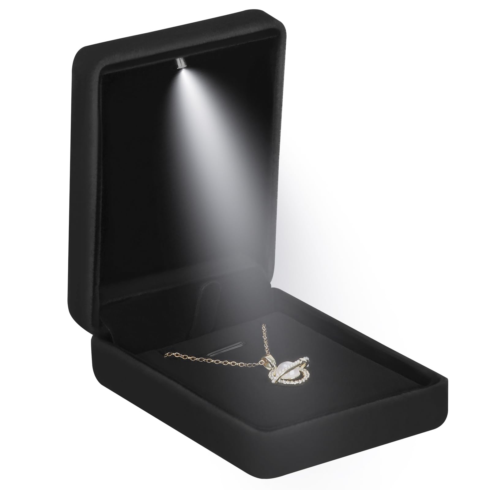 LETURE Classic Metal Glossy Jewelry Pendant Necklace Gift Box with LED Light, Velvet Jewelry Storage Display Case for Proposal Engagement Wedding Anniversary Birthday Ceremony (Black)
