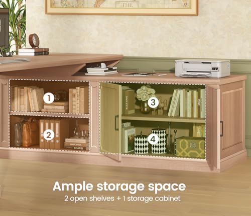 Image of SEDETA Farmhouse L Shaped Desk with Drawers, 70.9 inch Home Office Desk with Storage Cabinet and Storage Shelves, L Shaped Computer Desk with Power Outlet,Oak