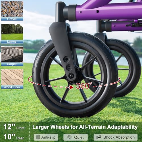 Image of MAXWALK Walkers for Seniors, Foldable Rollator Walker with Seat & Backrest | 12 inch Large All-Terrain Rubber Wheels, Height Adjustable, Aluminum Frame, Cup Holder, Elderly Walking Aid, Easy Assembly