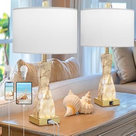 YEHKHEY 23 inch Set of 2 Shell Table Lamps Silk Lampshade, Bedside Lamps with USB A&USB C Charging Ports for Bedrooms, Living Rooms, Country Yards, Nightstands with 2 Led Bulbs (Gold) Cover